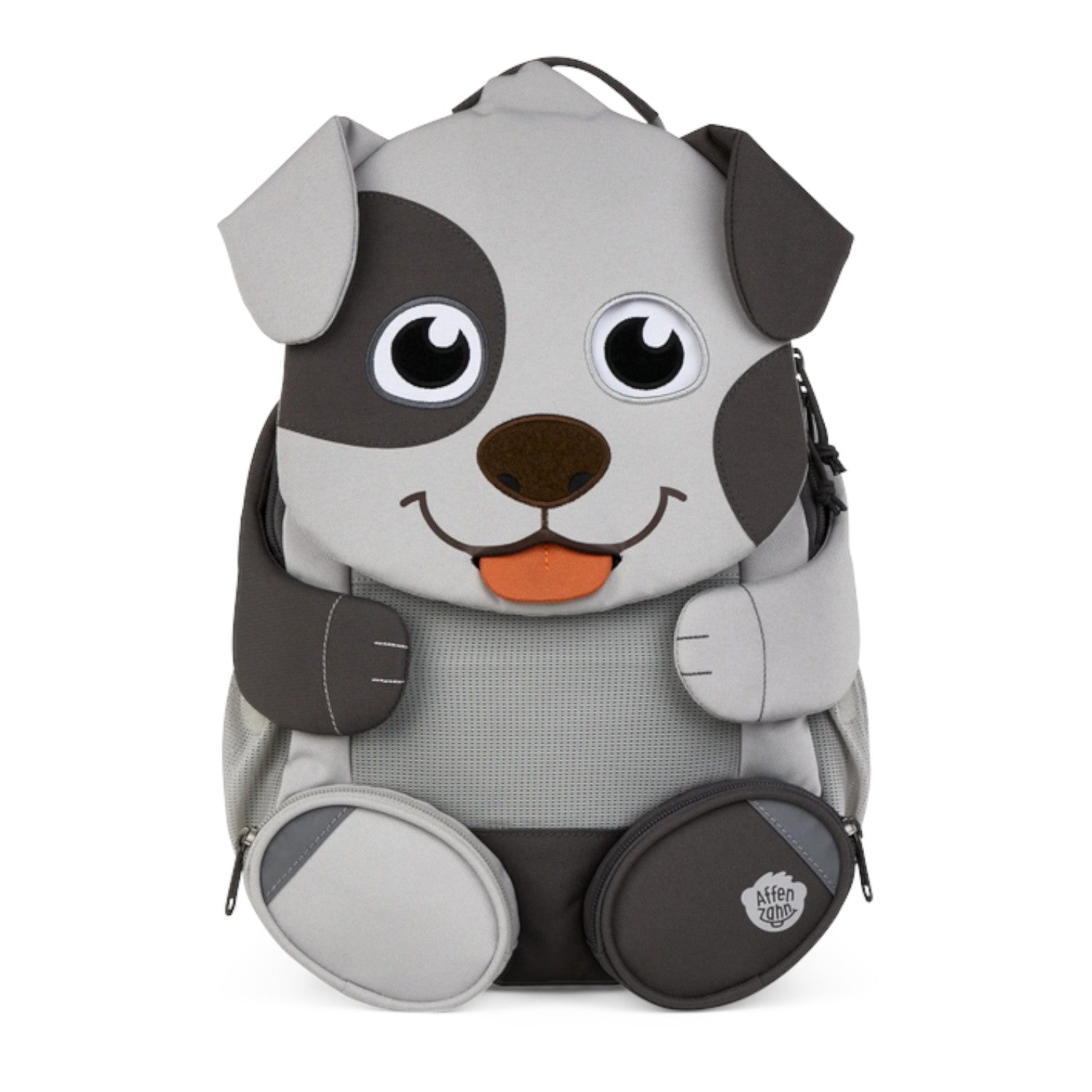 Lieblingstasche Großer Freund dog backpack with grey and dark grey accents, mesh panel, and orange tongue detail.
