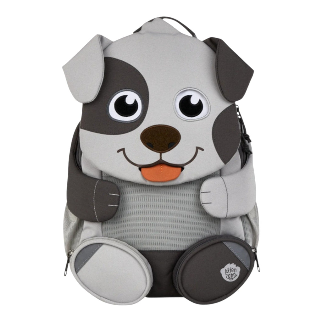 Lieblingstasche Großer Freund dog backpack with grey and dark grey accents, mesh panel, and orange tongue detail.