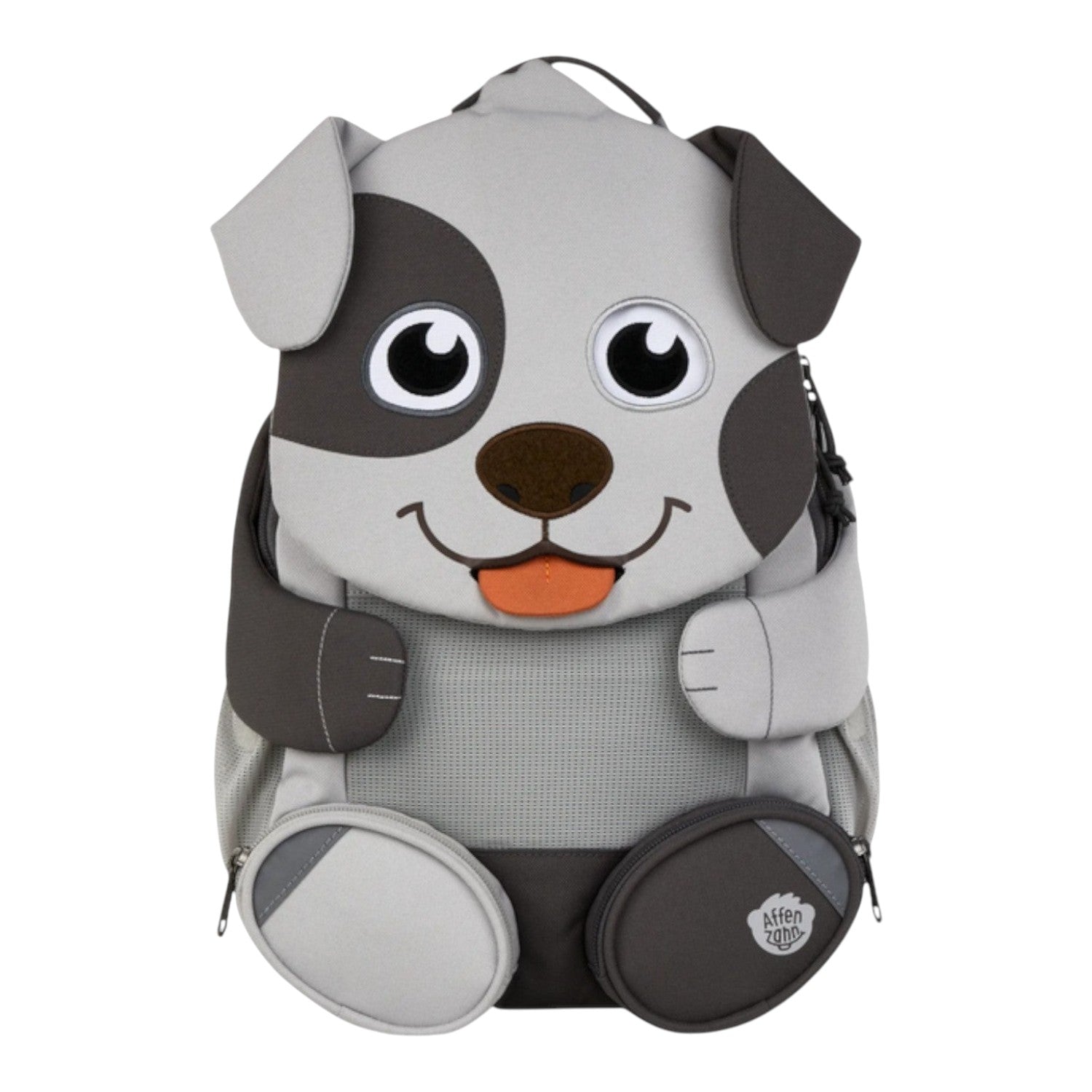 Lieblingstasche Großer Freund dog backpack with grey and dark grey accents, mesh panel, and orange tongue detail.