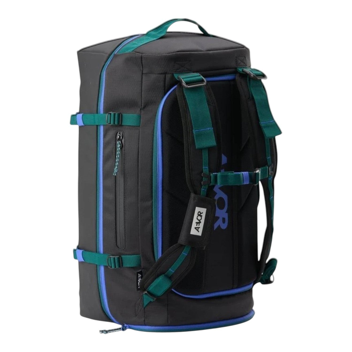 Lieblingstasche Duffel Pack in black with teal and blue accents, featuring ergonomic backpack straps and side pockets.