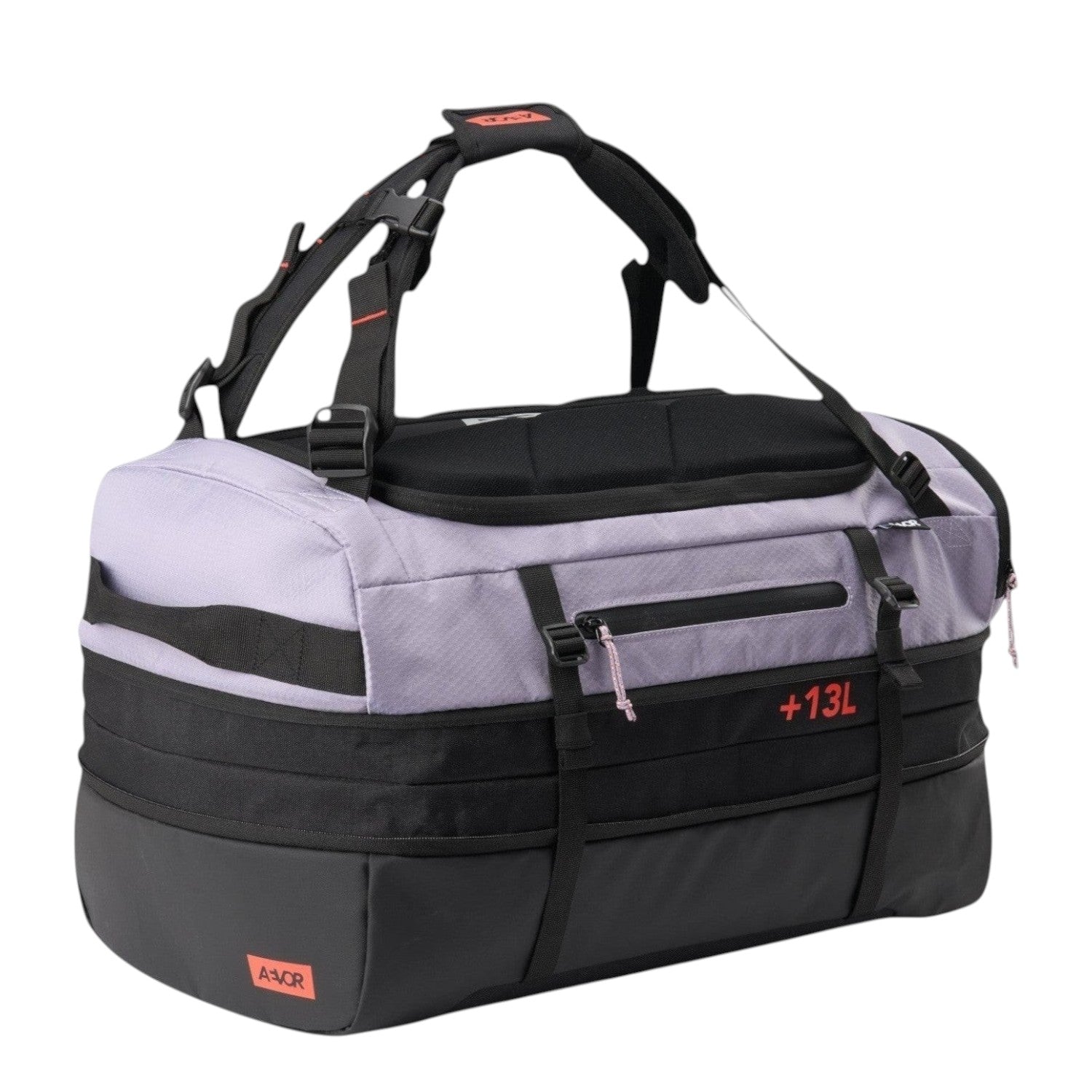 Lieblingstasche Duffel Pack in grey and black with expandable 47-60L capacity, ergonomic straps, and zip compartments.