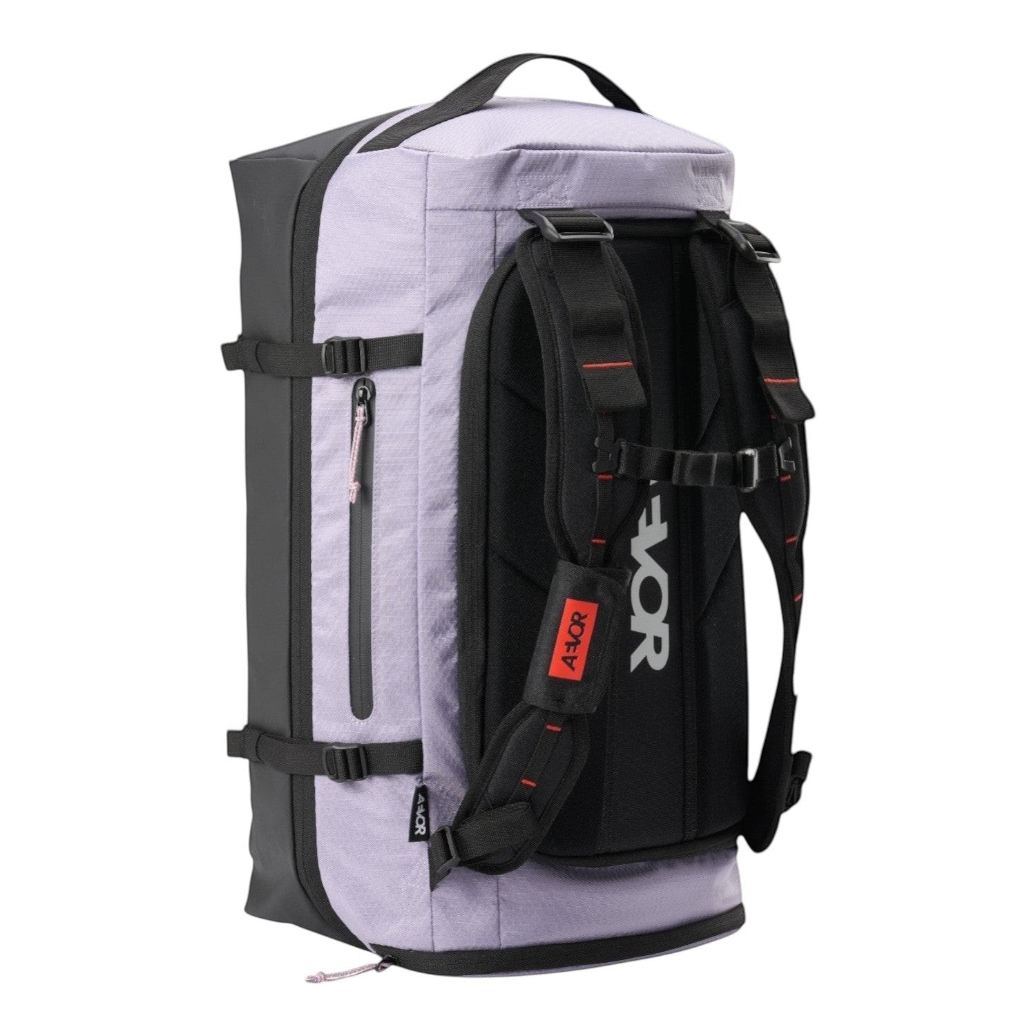 Lieblingstasche Duffel Pack in light purple and black with ergonomic shoulder straps and expandable storage design.