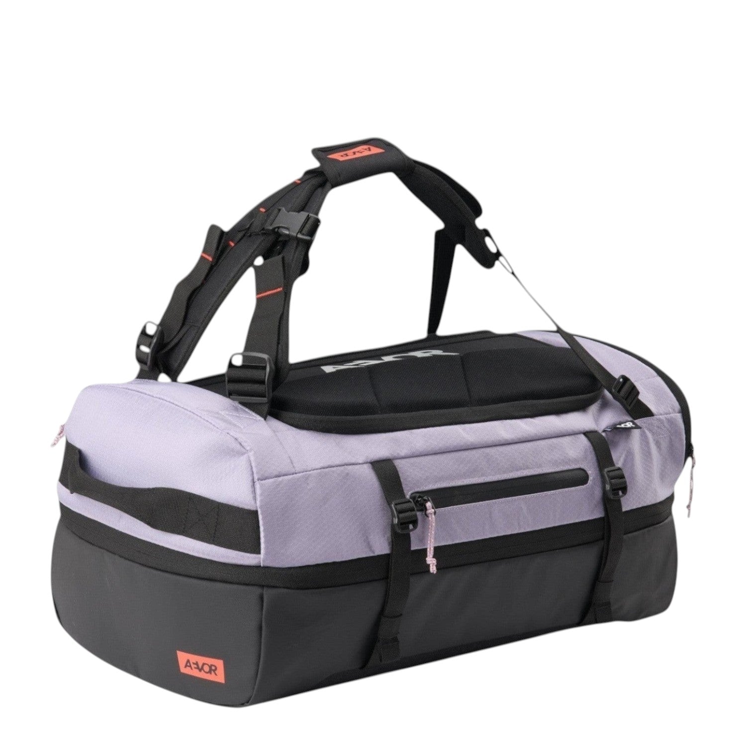 Lieblingstasche Duffel Pack in light purple and black with expandable storage and ergonomic carry straps