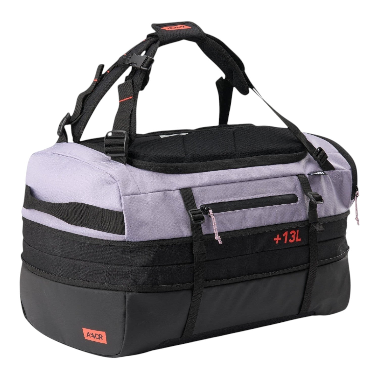 Lieblingstasche Duffel Pack in light purple and black with adjustable straps and expandable 13L capacity feature