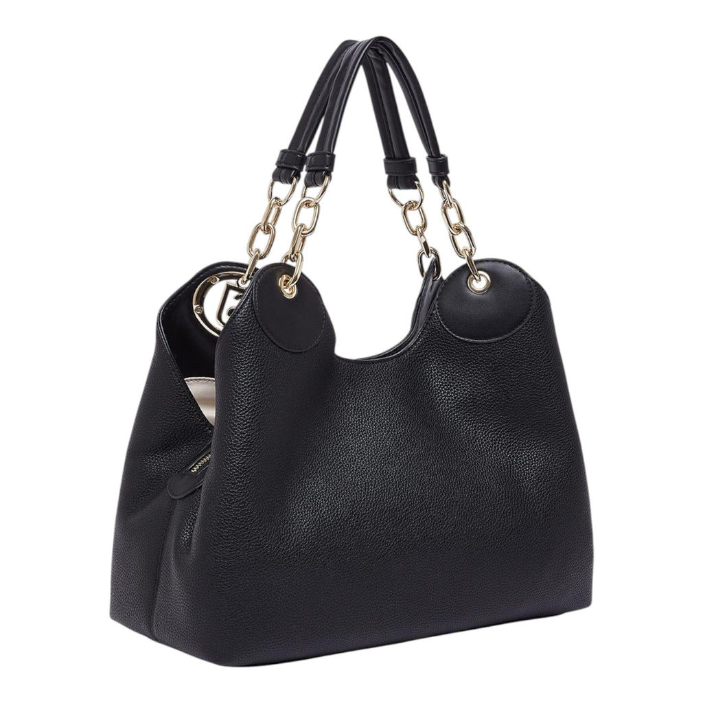 Lieblingstasche ECS Satchel M in black pebbled leather with gold chain link handles and side view
