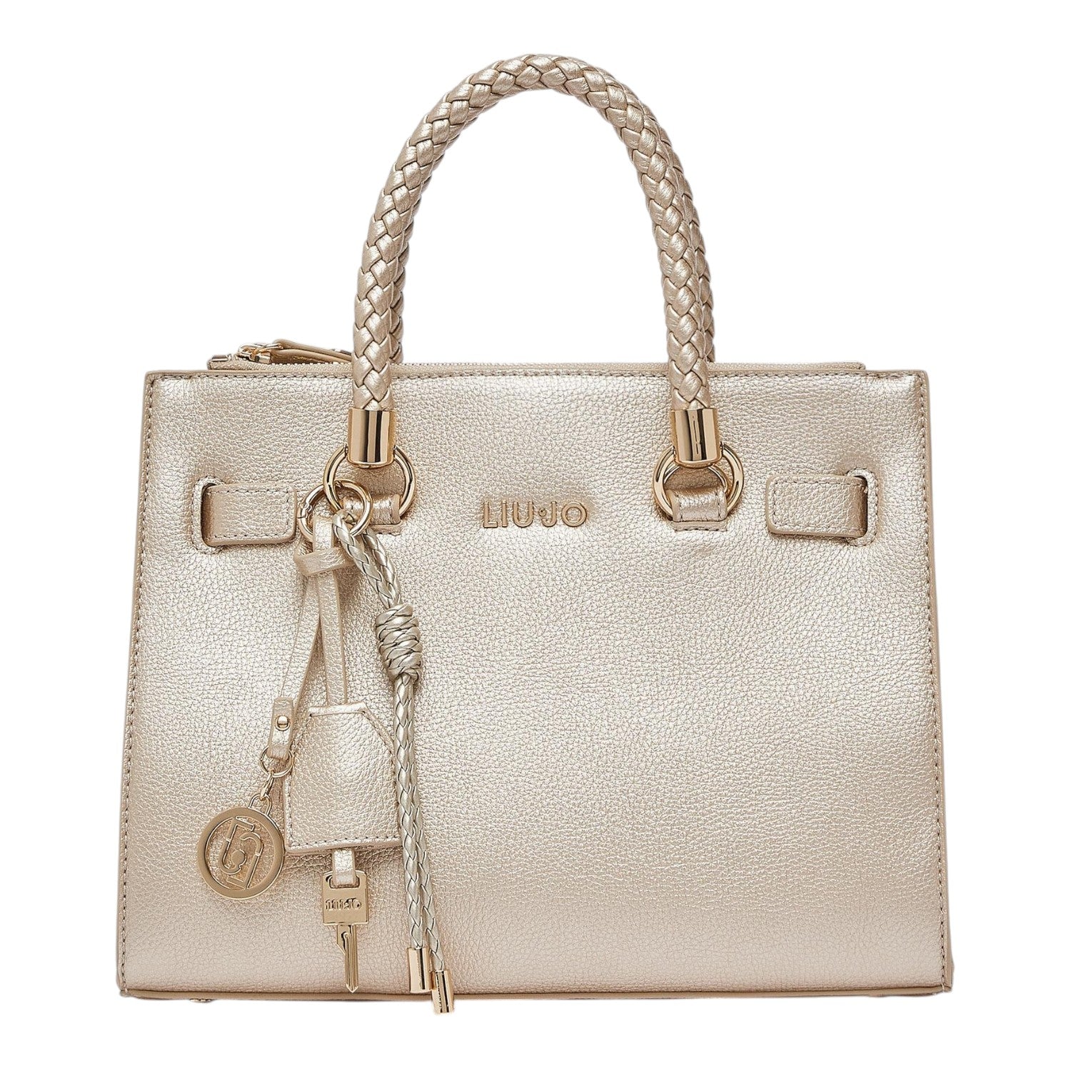 Lieblingstasche ECS Satchel S in metallic gold with a braided top handle and decorative logo charm