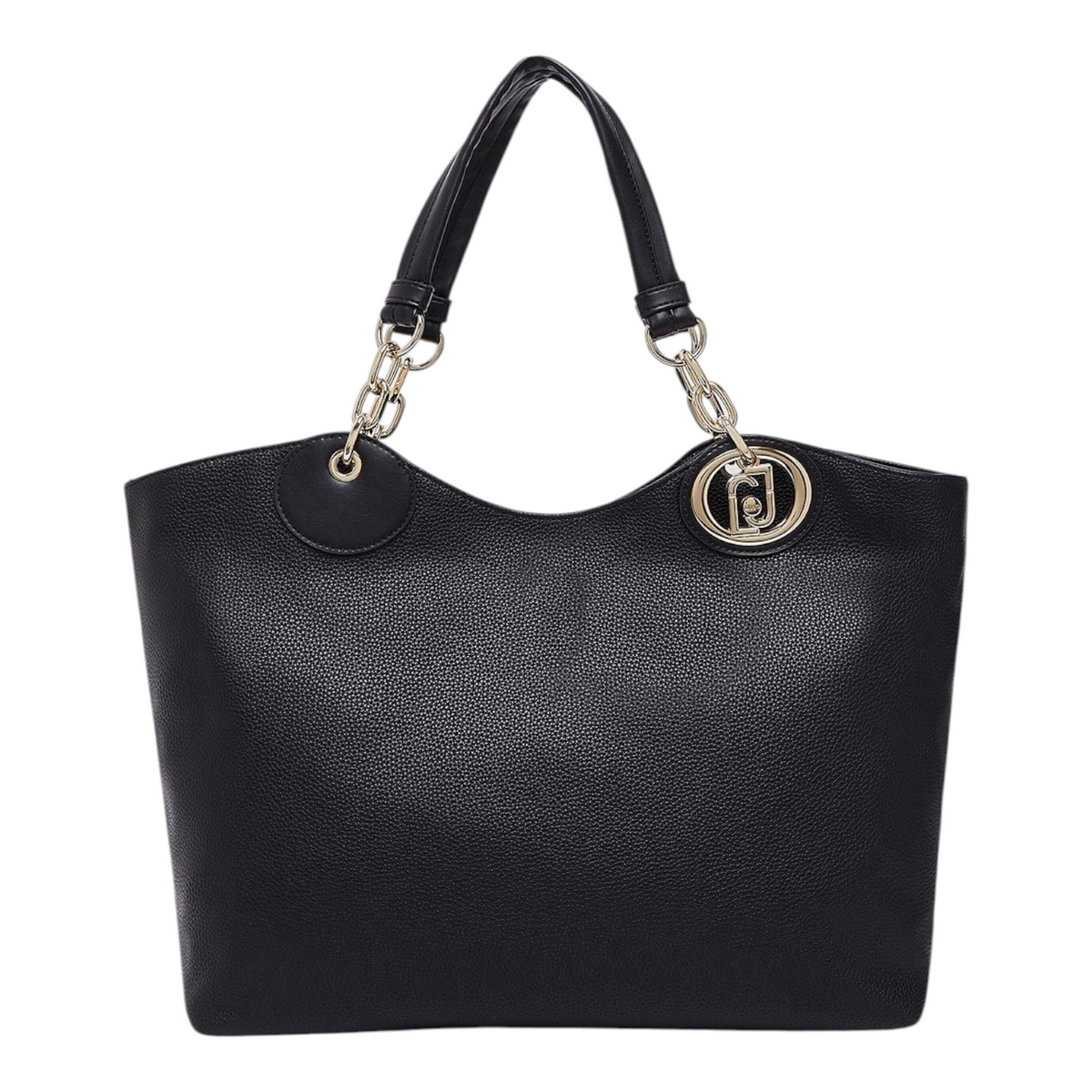 Lieblingstasche ECS Tote L in black pebbled faux leather with gold chain link handles and circular logo hardware