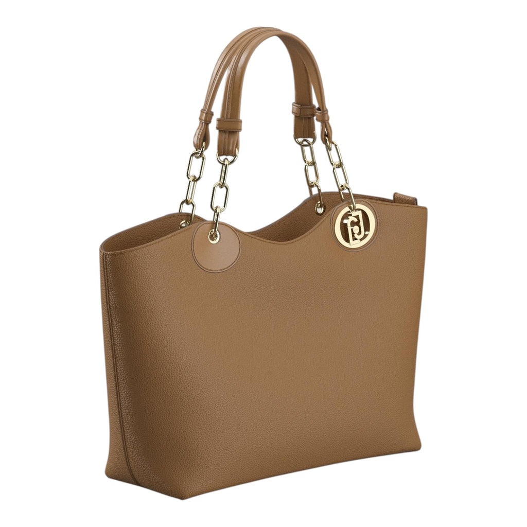 Lieblingstasche ECS Tote L in brown faux leather with gold chain handles and a circular logo charm.