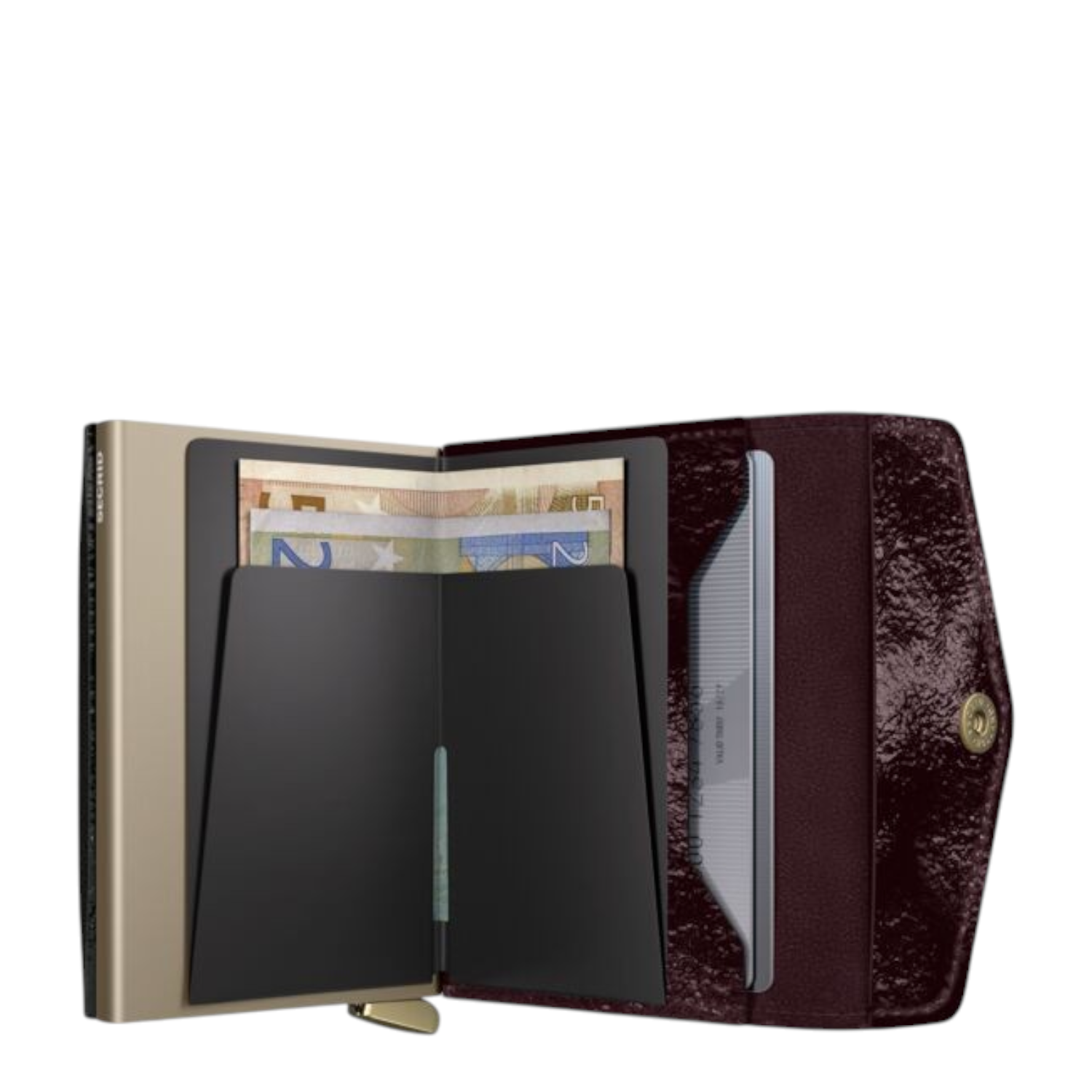 Lieblingstasche Envelope Premium Naplak wallet in dark burgundy patent leather with gold metal card holder interior