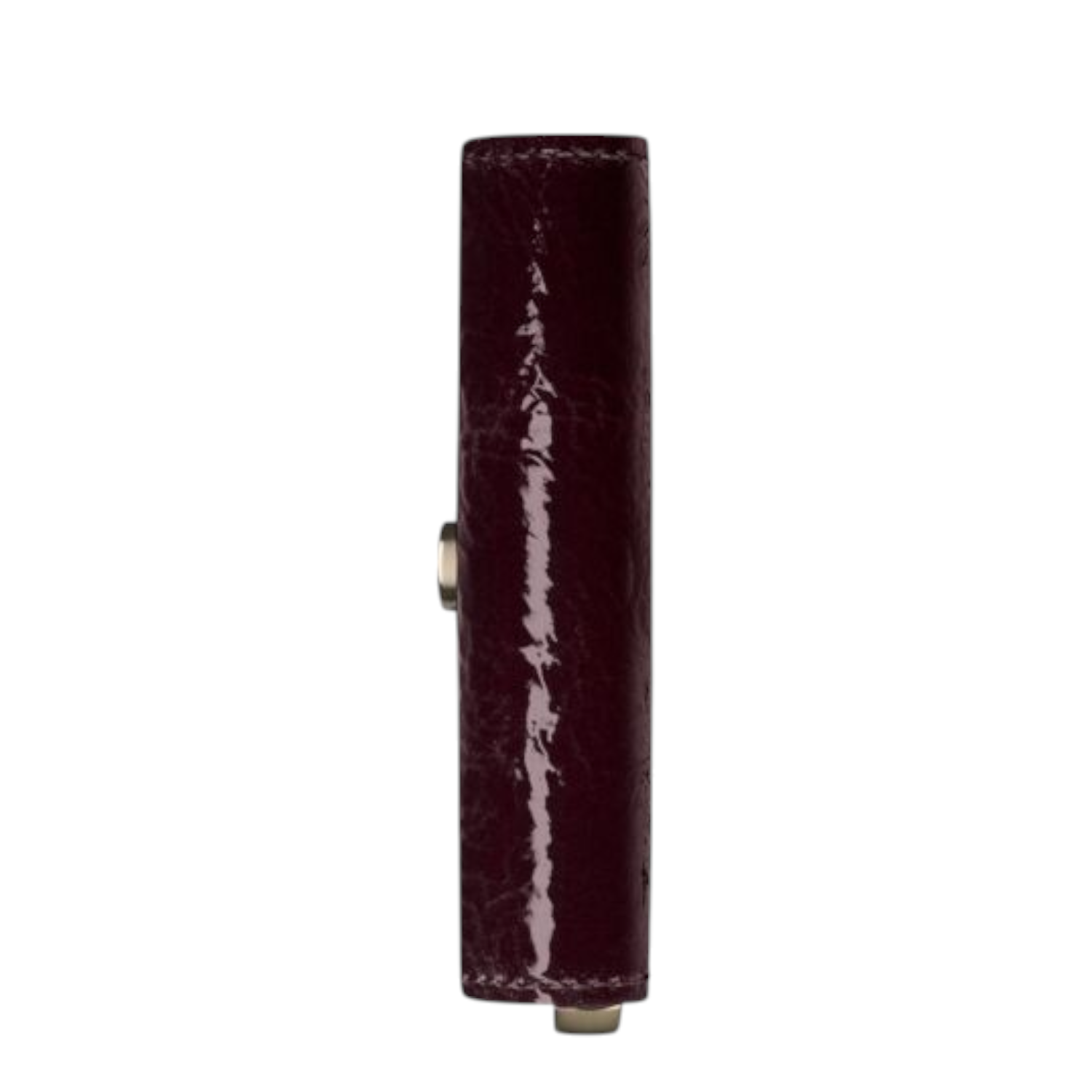 Side view of a Lieblingstasche Envelope Premium Naplak wallet in glossy dark burgundy patent leather