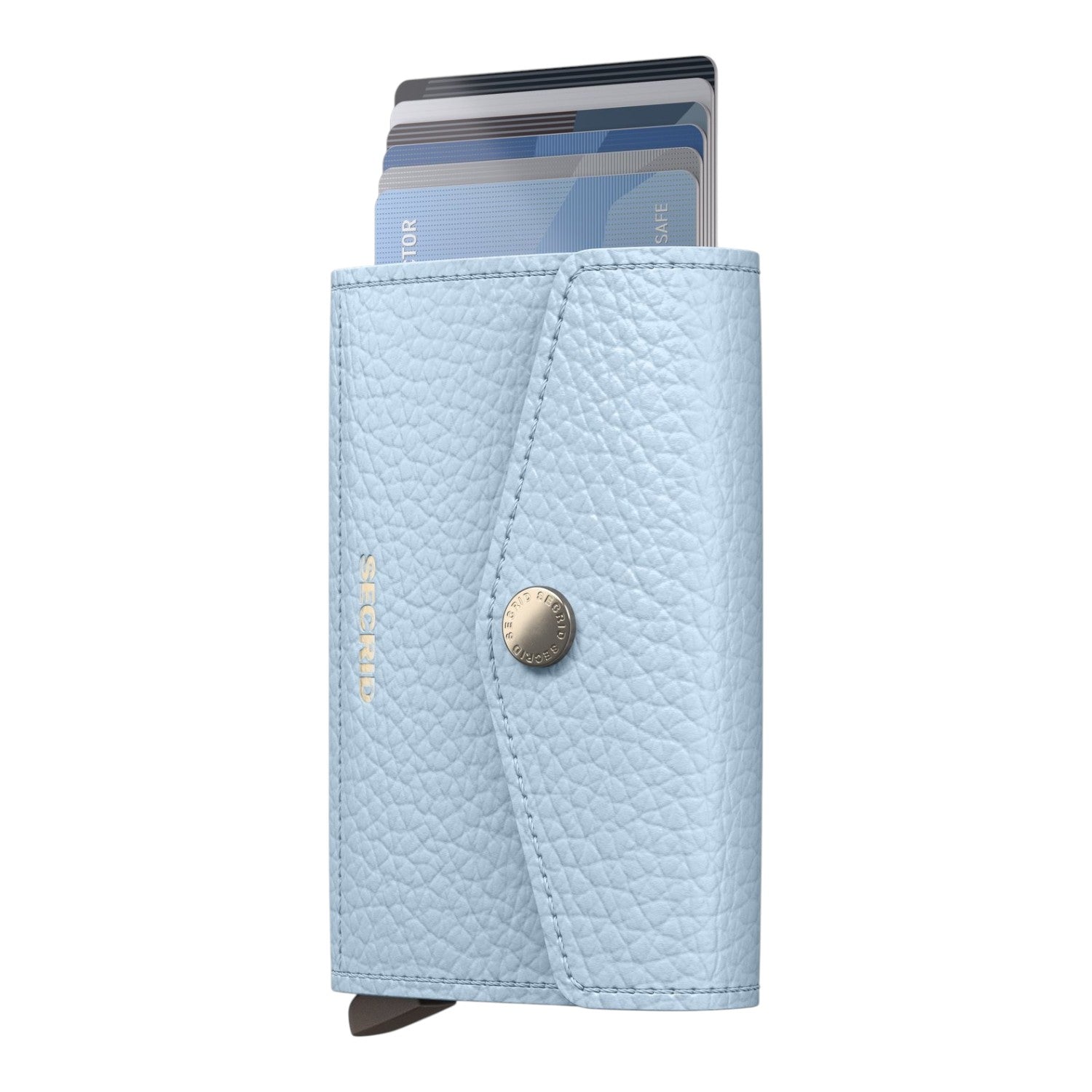 Lieblingstasche Envelope Pebble light blue leather card holder with snap button closure and visible credit cards