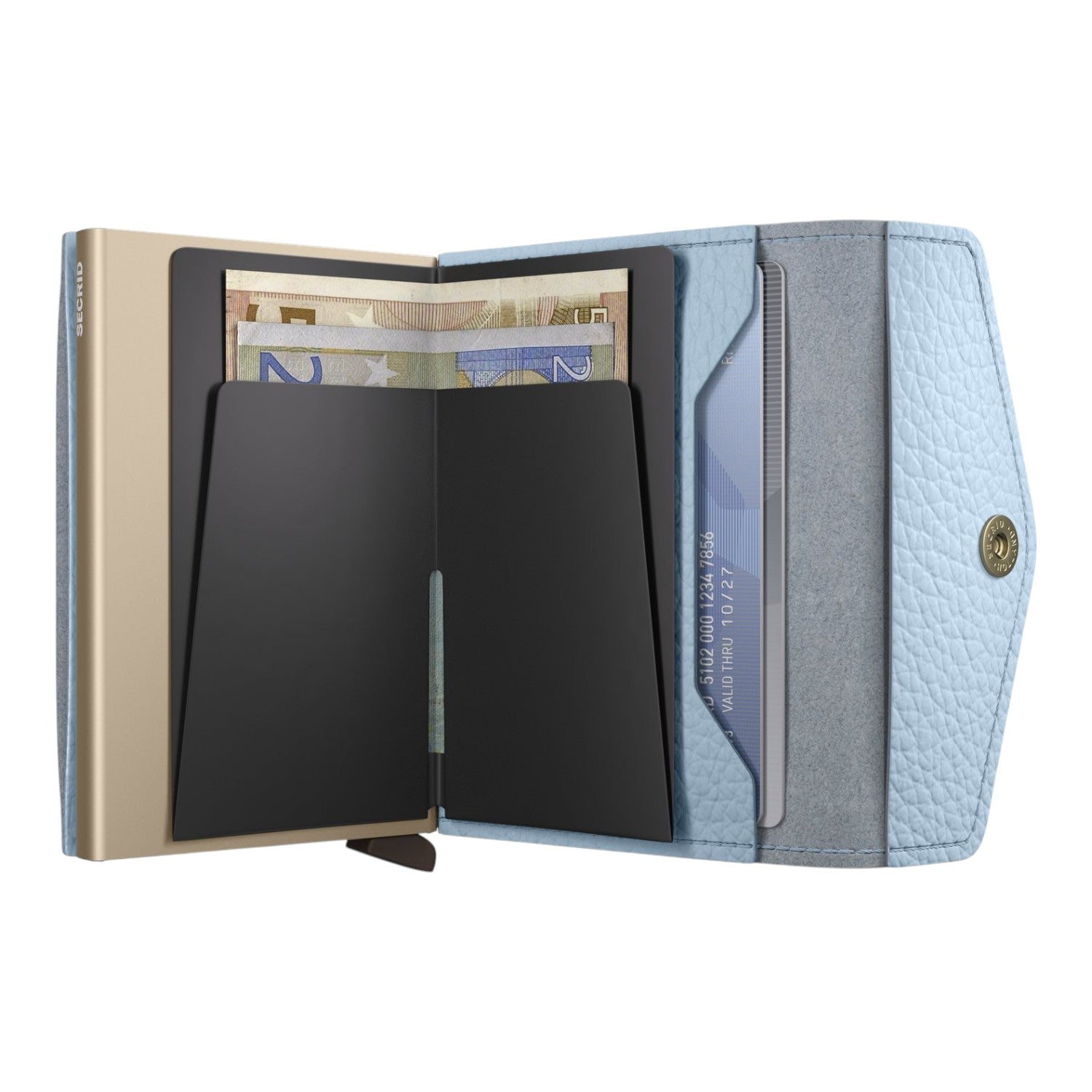 Lieblingstasche Envelope Pebble wallet in light blue textured leather with gold metal card protector and cash slot