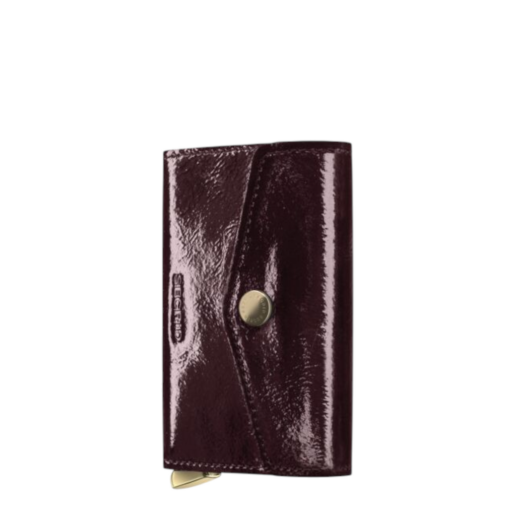 Lieblingstasche Envelope Premium Naplak wallet in glossy dark burgundy patent leather with a gold snap button closure