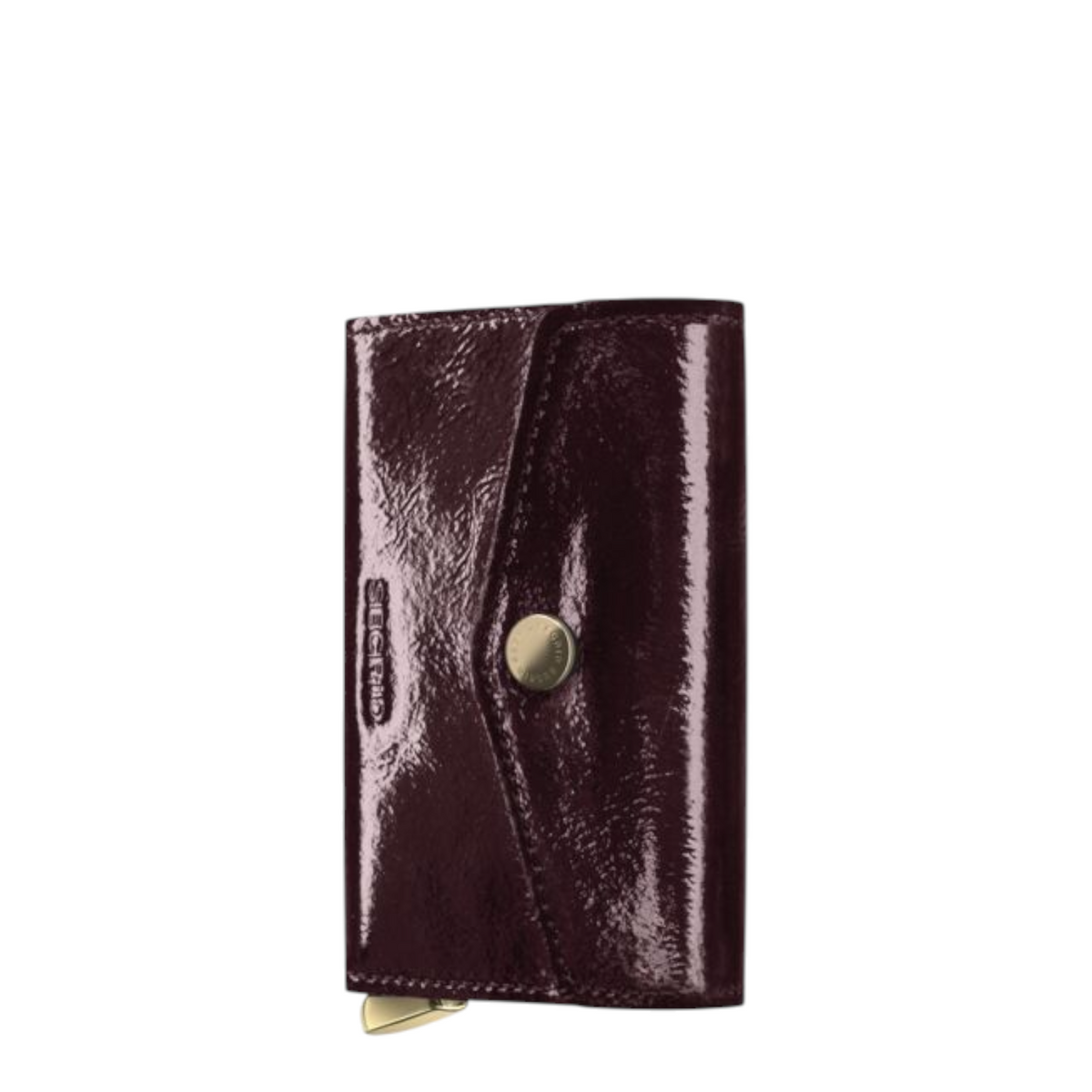 Lieblingstasche Envelope Premium Naplak wallet in glossy dark burgundy patent leather with a gold snap button closure