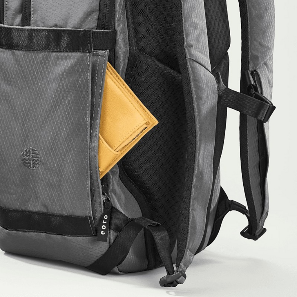 Lieblingstasche eoto Rolly32 grey rolltop backpack with a yellow wallet in the side pocket and breathable back panel