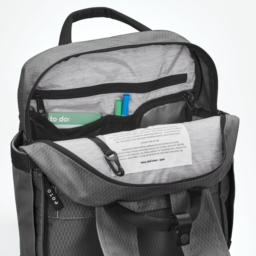 Lieblingstasche eoto Small16 grey daypack with open main compartment showing internal organizer pockets and key hook