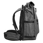 Lieblingstasche eoto Tall41 grey rolltop travel backpack with padded hip belt and side view