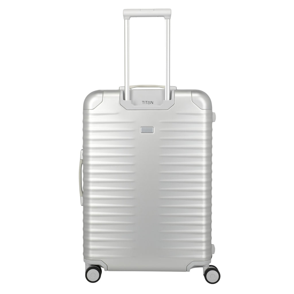 Lieblingstasche Eternity 4W L silver aluminium suitcase with telescopic handle and spinner wheels.