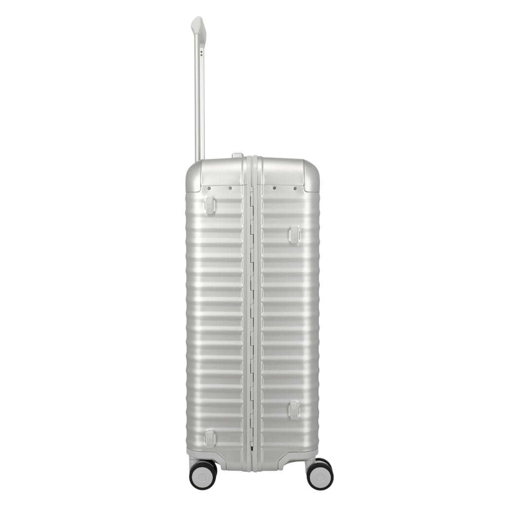 Lieblingstasche Eternity 4W Trolley L, silver aluminium suitcase with plastic frame, leather handles, and spinner wheels.