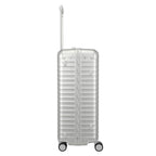 Lieblingstasche Eternity 4W Trolley L, silver aluminium suitcase with plastic frame, leather handles, and spinner wheels.