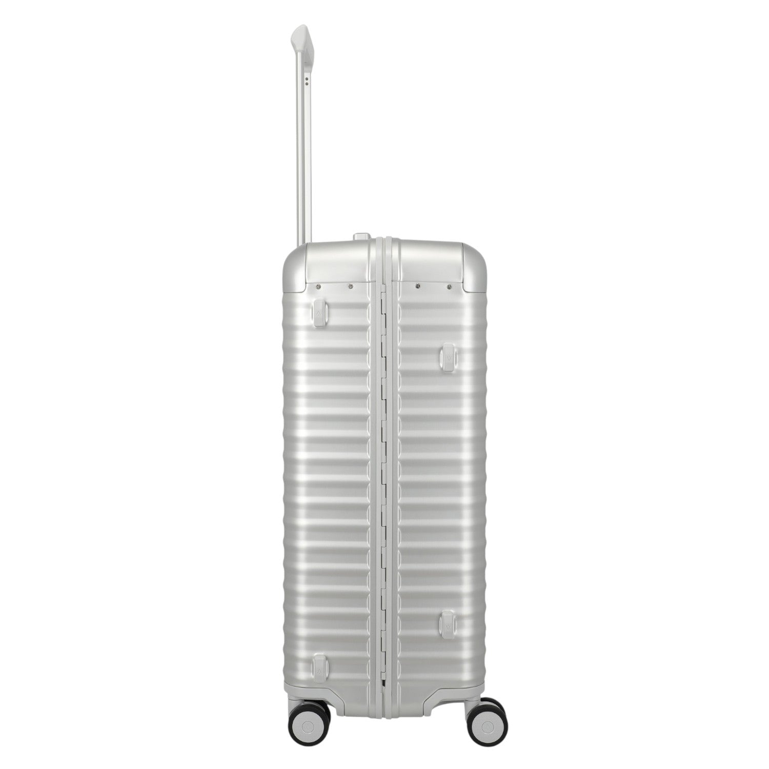 Lieblingstasche Eternity 4W Trolley L, silver aluminium suitcase with plastic frame, leather handles, and spinner wheels.