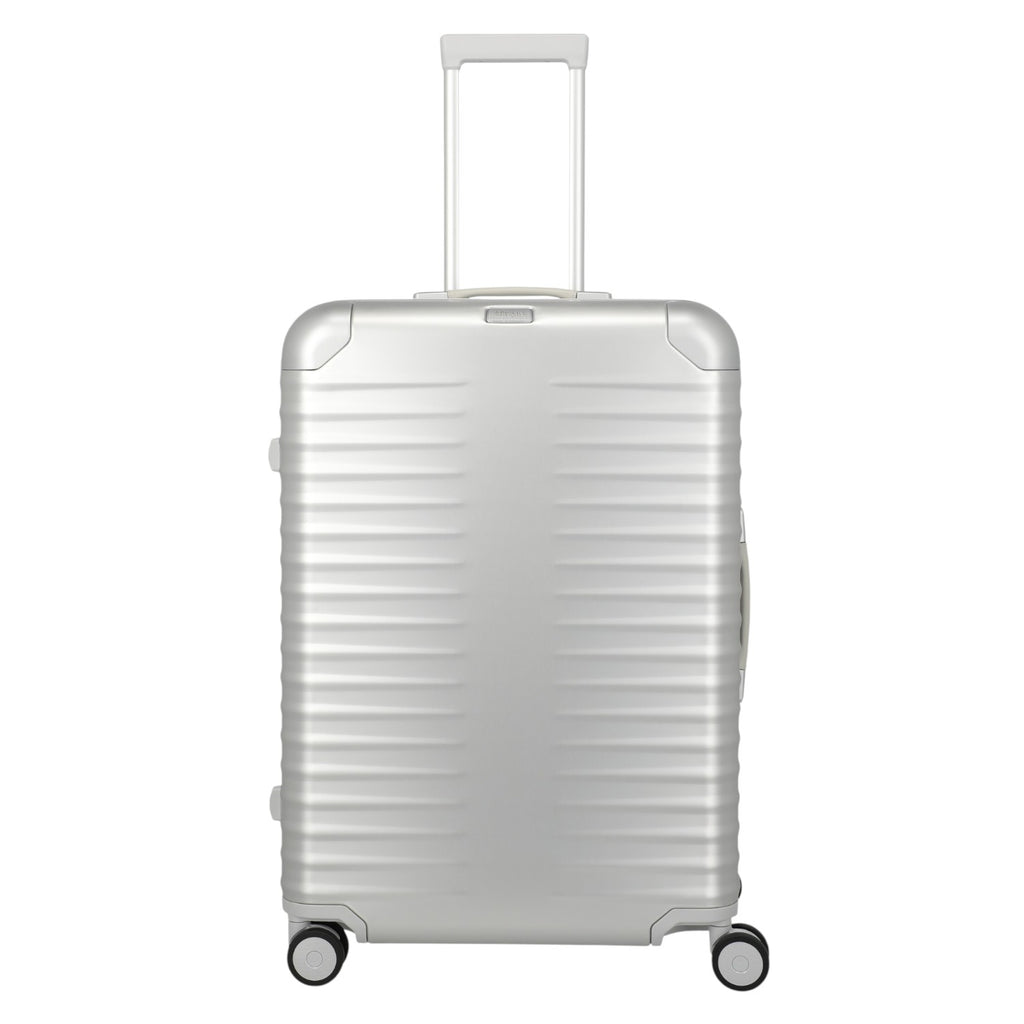 Lieblingstasche Eternity 4W Trolley L, silver aluminium suitcase with ribbed texture, telescopic handle, and spinner wheels.