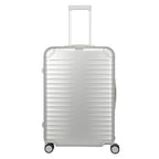 Lieblingstasche Eternity 4W Trolley L, silver aluminium suitcase with ribbed texture, telescopic handle, and spinner wheels.