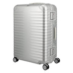Lieblingstasche Eternity L silver aluminium suitcase with TSA lock and four spinner wheels, ideal for long trips.