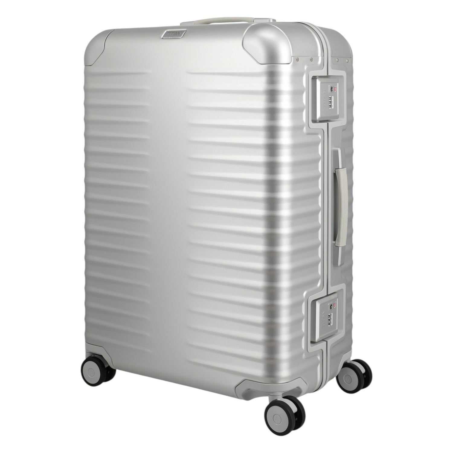 Lieblingstasche Eternity L silver aluminium suitcase with TSA lock and four spinner wheels, ideal for long trips.