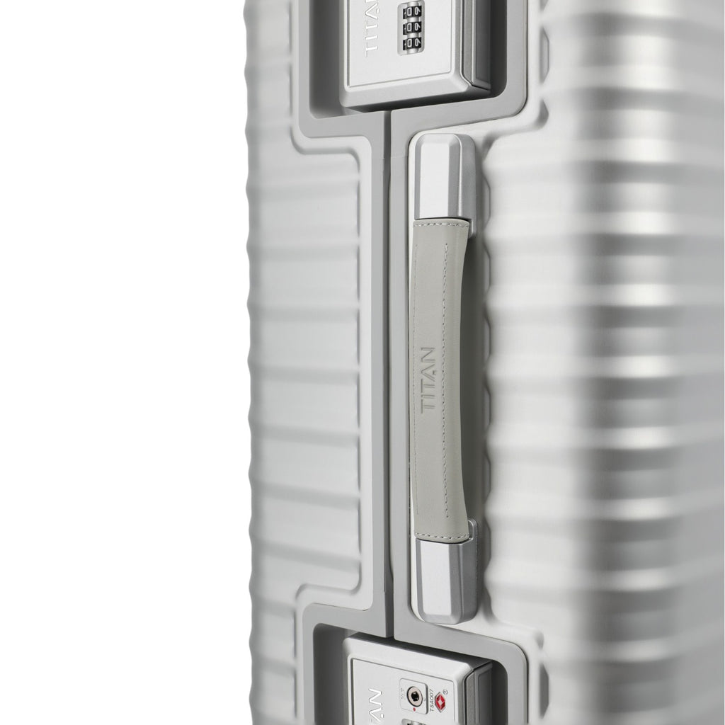 Lieblingstasche Eternity L silver aluminium suitcase with grey leather handle and TSA lock.