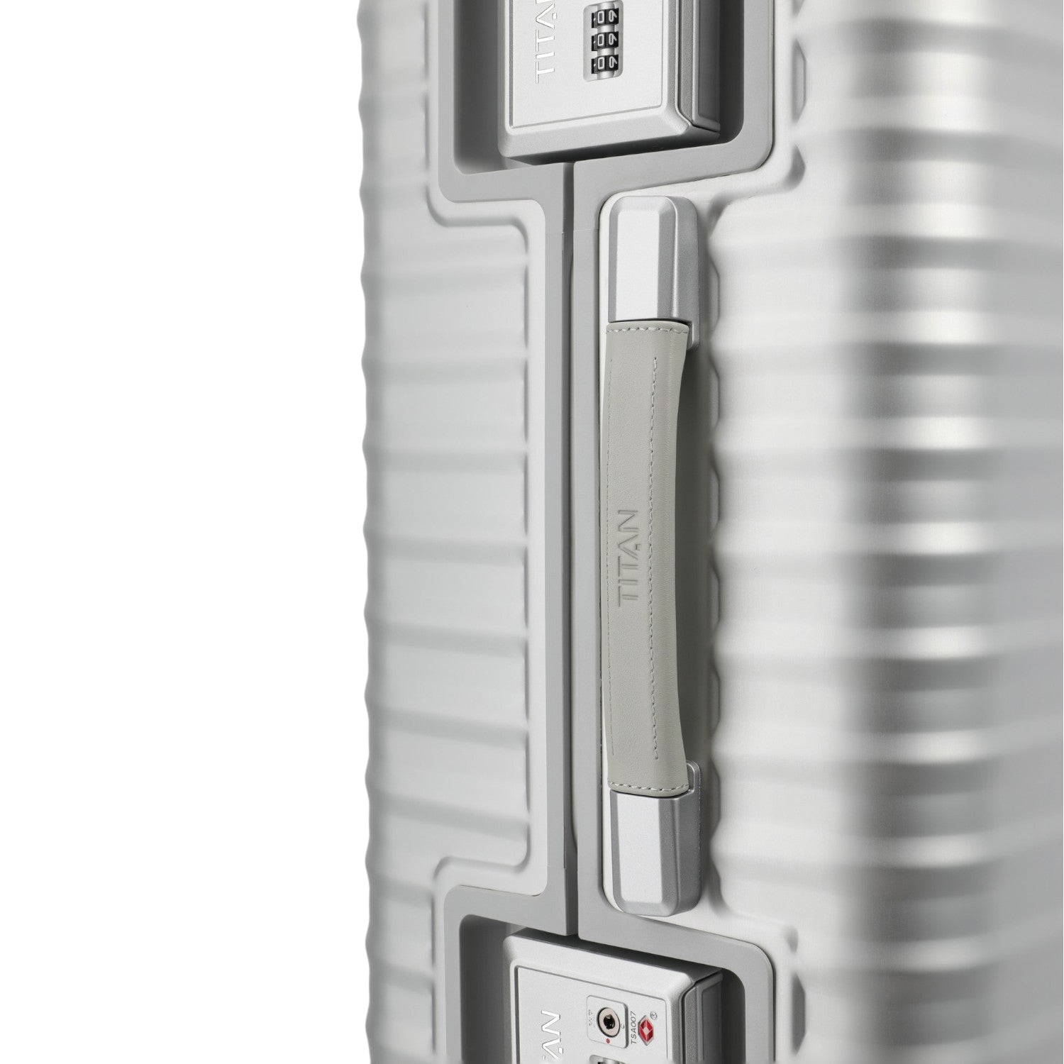 Lieblingstasche Eternity L silver aluminium suitcase with grey leather handle and TSA lock.