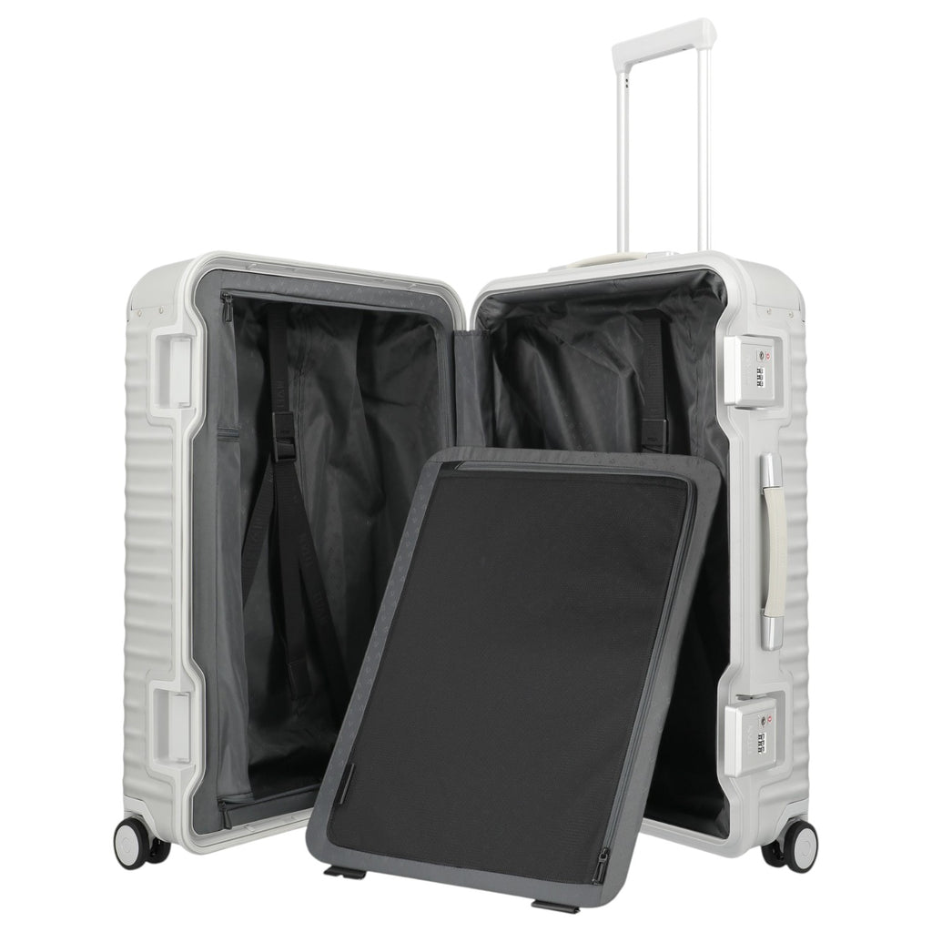 Lieblingstasche Eternity L white aluminium suitcase with TSA lock and leather handles, open to show interior.
