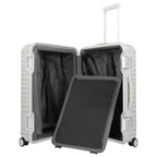 Lieblingstasche Eternity L white aluminium suitcase with TSA lock and leather handles, open to show interior.