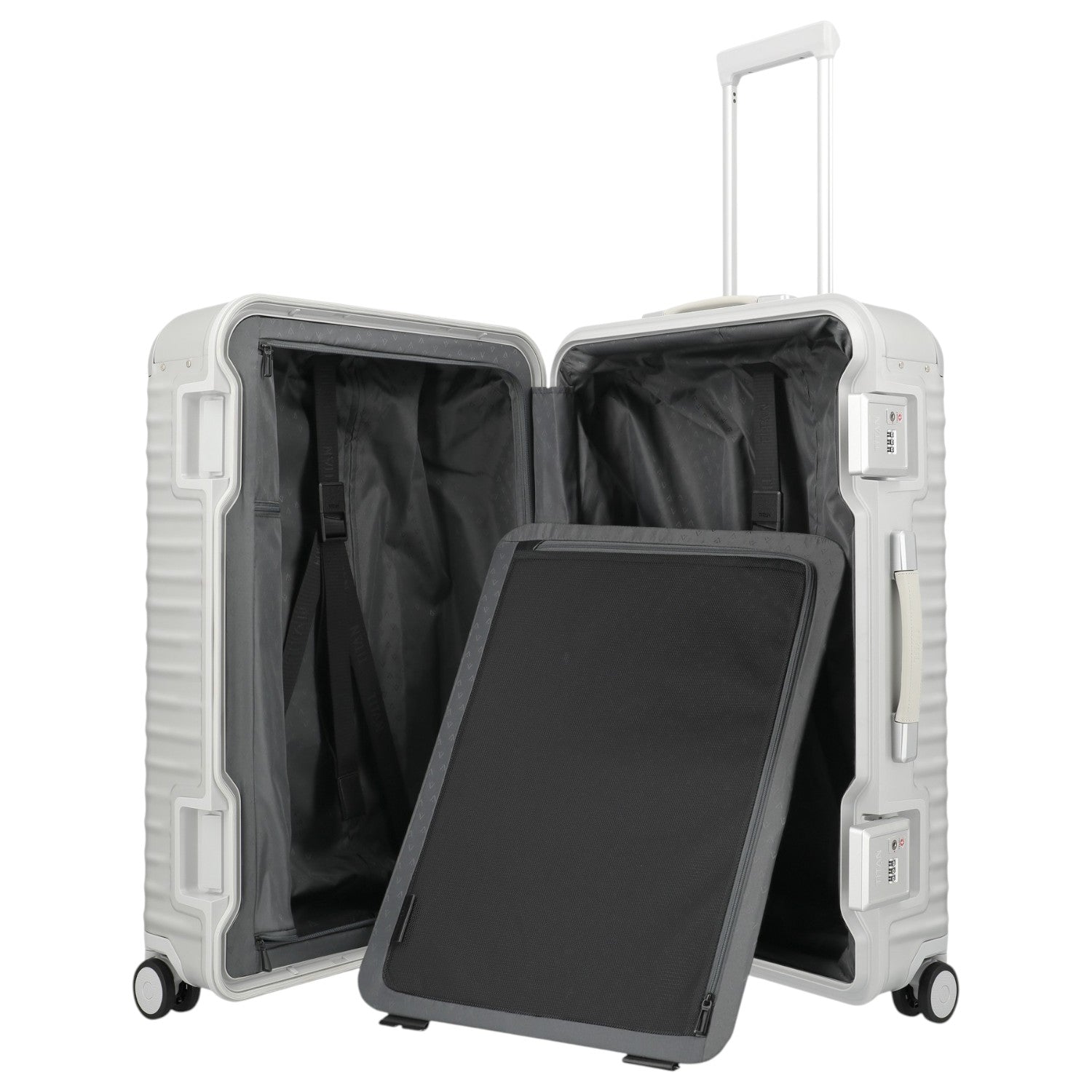Lieblingstasche Eternity L white aluminium suitcase with TSA lock and leather handles, open to show interior.