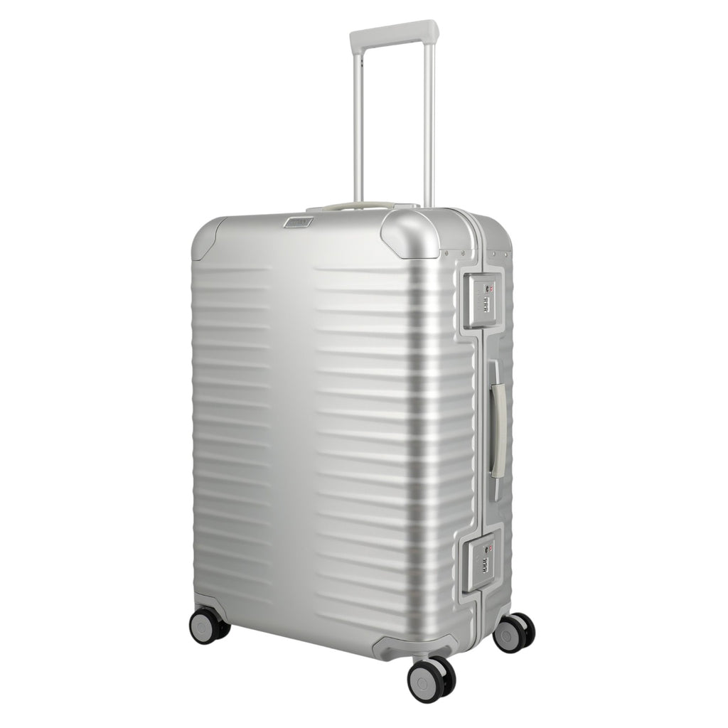 Lieblingstasche Eternity 4W Trolley L, silver aluminium suitcase with ribbed texture, TSA lock, leather handle, and four spinner wheels.