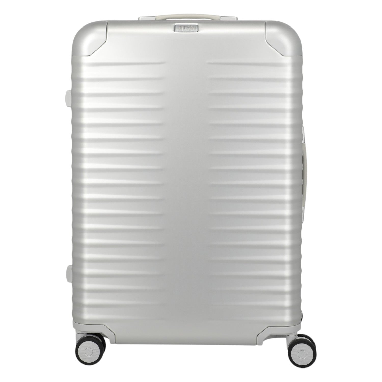 Lieblingstasche Eternity 4W Trolley L silver aluminium suitcase with ribbed texture, leather handles, and spinner wheels.