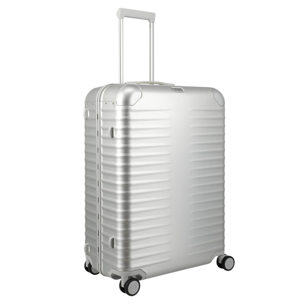 Lieblingstasche Eternity L silver aluminium suitcase with telescopic handle and spinner wheels.