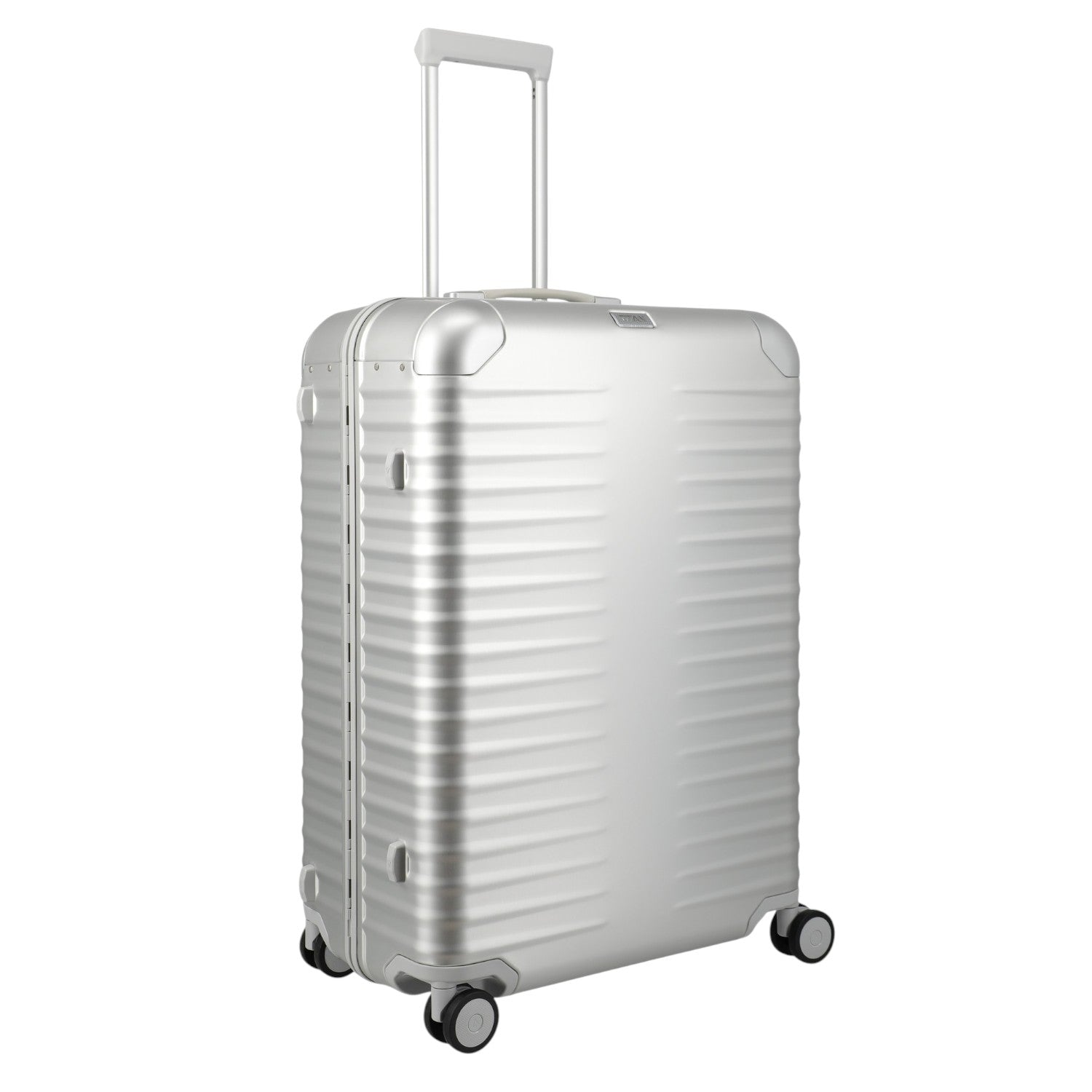 Lieblingstasche Eternity L silver aluminium suitcase with telescopic handle and spinner wheels.