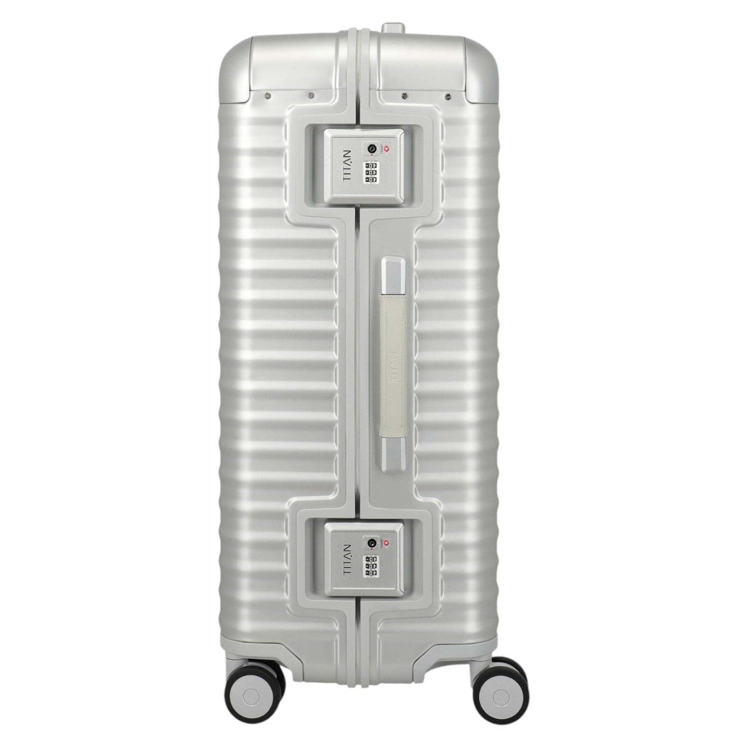 Lieblingstasche Eternity 4W silver aluminium trolley suitcase L with TSA lock and leather handle