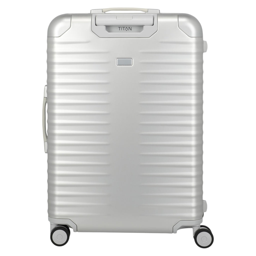 Lieblingstasche Eternity 4W Trolley L silver aluminium suitcase with plastic frame, leather handles, and spinner wheels.