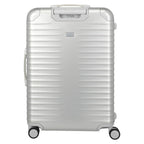 Lieblingstasche Eternity 4W Trolley L silver aluminium suitcase with plastic frame, leather handles, and spinner wheels.