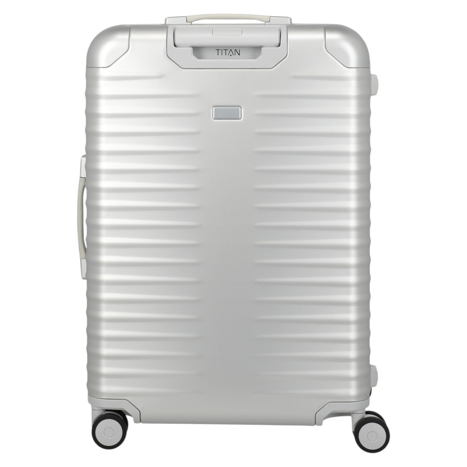 Lieblingstasche Eternity 4W Trolley L silver aluminium suitcase with plastic frame, leather handles, and spinner wheels.