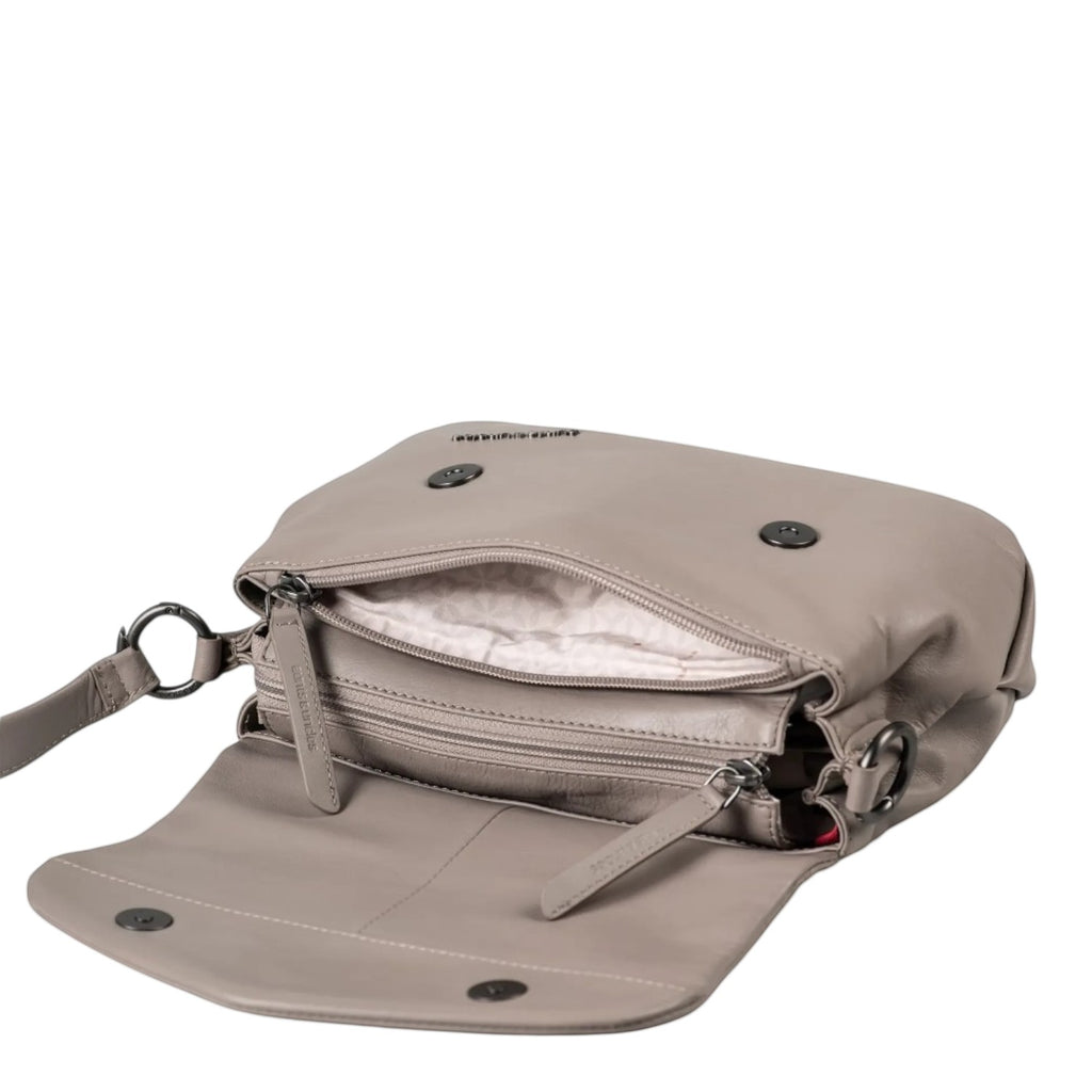 Lieblingstasche Fern taupe leather crossbody bag with open flap and zipper closure