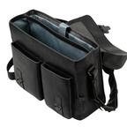 Lieblingstasche Finn black leather messenger bag with open interior and two front pockets on a white background