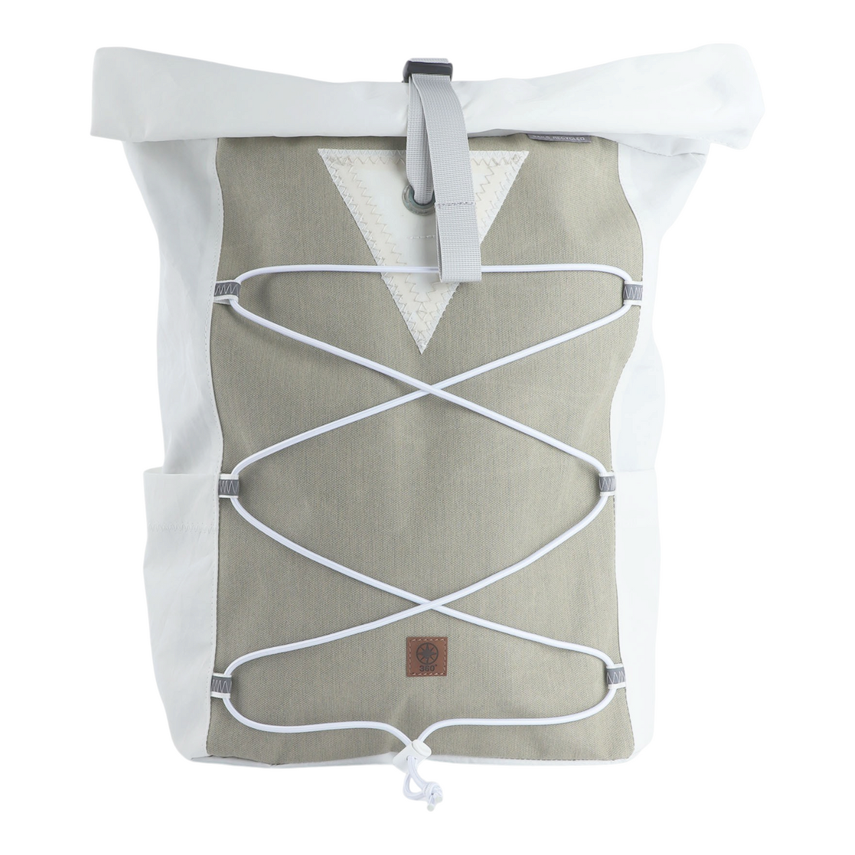 Lieblingstasche Fjord rolltop backpack in white and beige recycled sailcloth with a front bungee cord system
