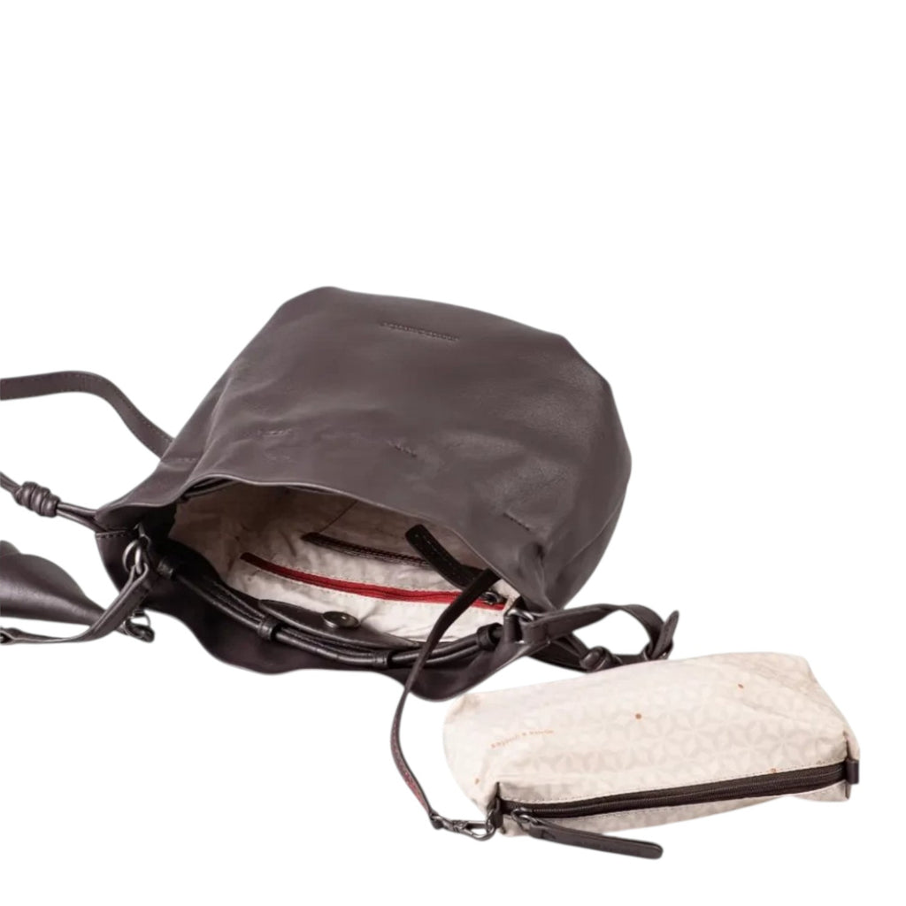 Lieblingstasche Fleur dark brown leather bucket bag with a detachable patterned interior pouch on a white background