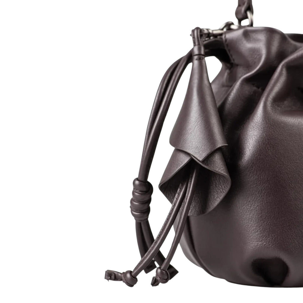 Lieblingstasche Fleur dark brown leather drawstring bucket bag with elegant petal-shaped tassel detail