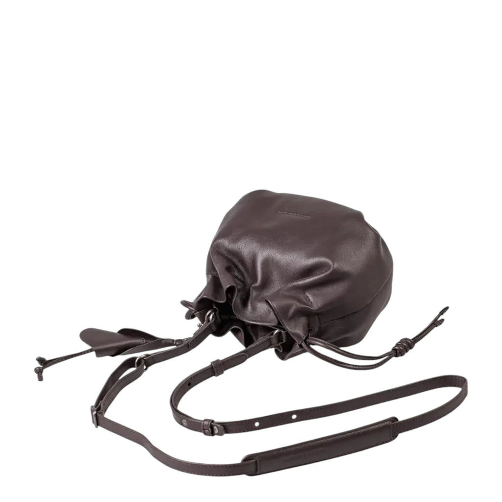 Lieblingstasche Fleur dark brown leather bucket bag with a drawstring closure and adjustable shoulder strap