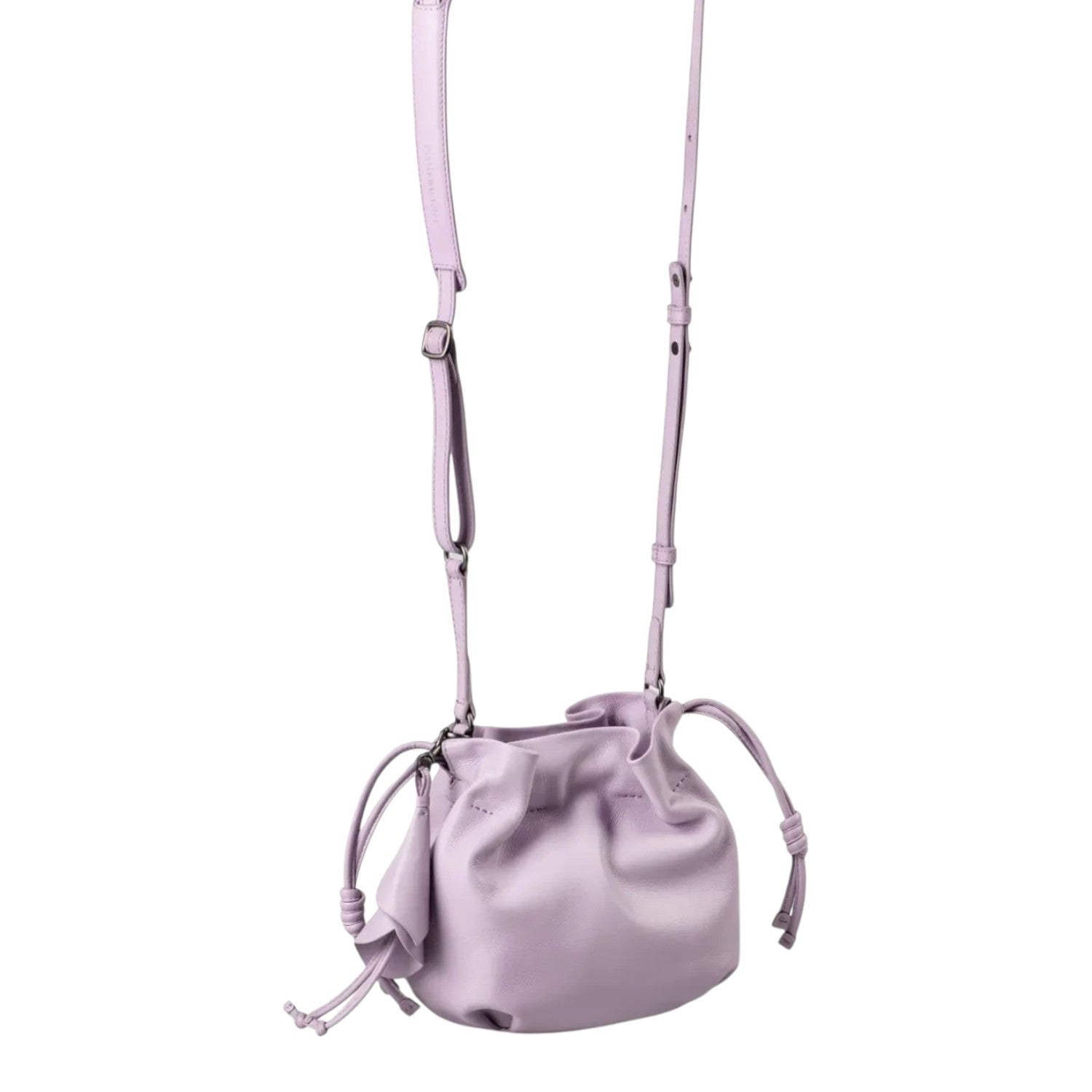 Lieblingstasche Fleur lavender leather drawstring bucket bag with adjustable shoulder strap