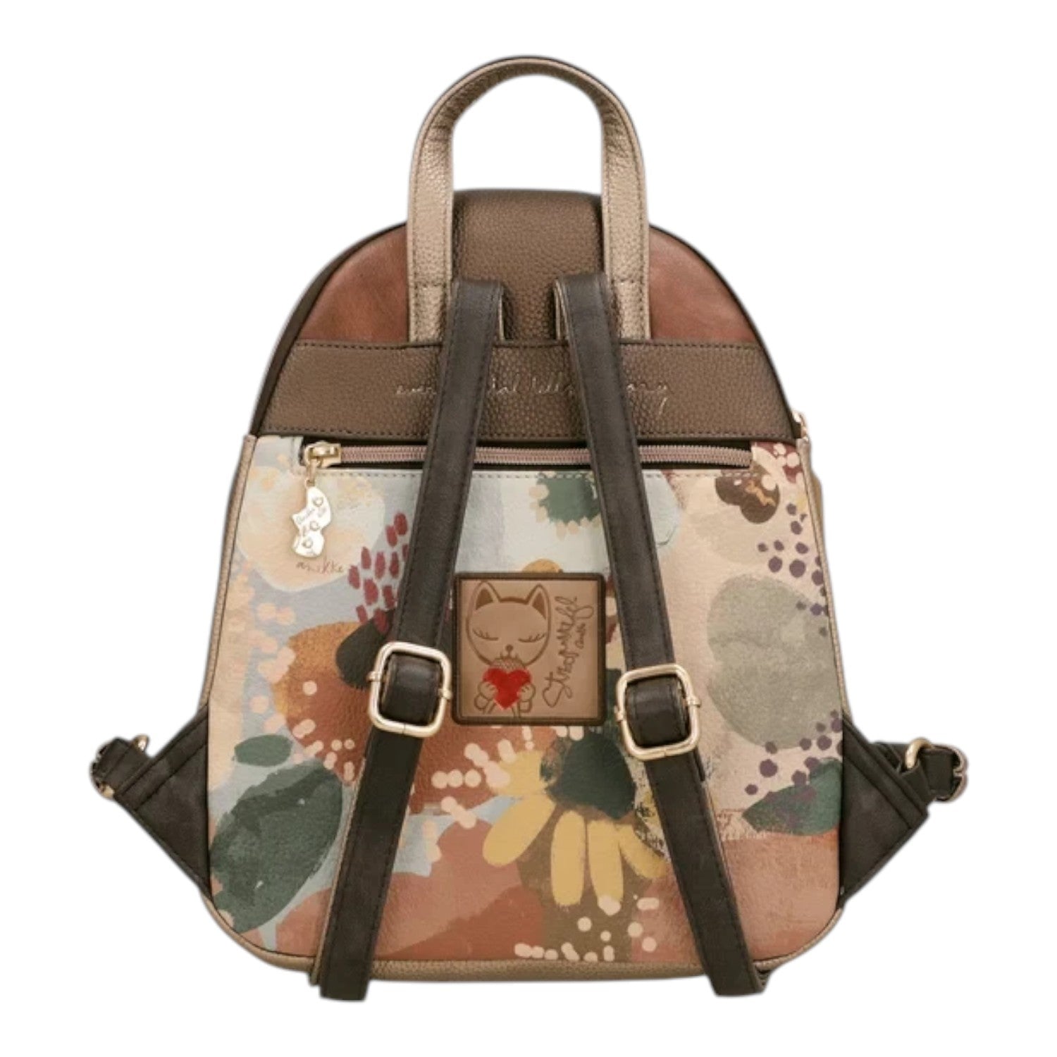 Lieblingstasche backpack featuring a floral pattern, brown faux leather straps, and a cat logo patch on the back
